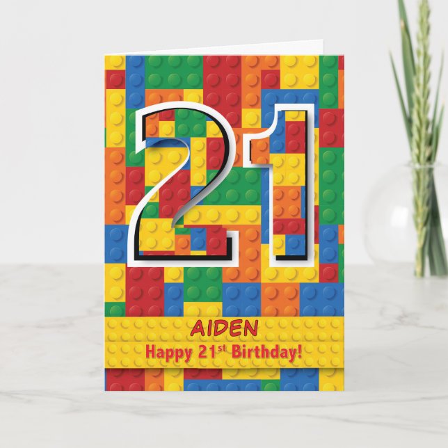 Carte Nom personnalisé Blocs empilés 21e anniversaire (Devant)
