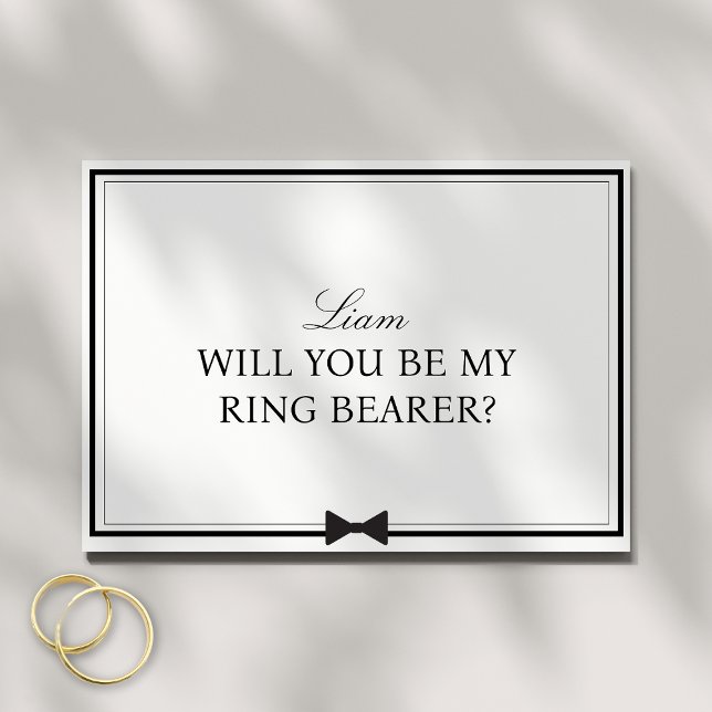 Carte Nom personnalisé Bowtie Ring Bearer Proposition (This minimalist ring bearer card, with a chic bowtie design, is perfect for formal weddings.)