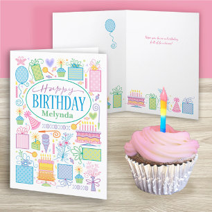 Carte Nom personnalisé Bright Pastel Joli Icônes d'anniv