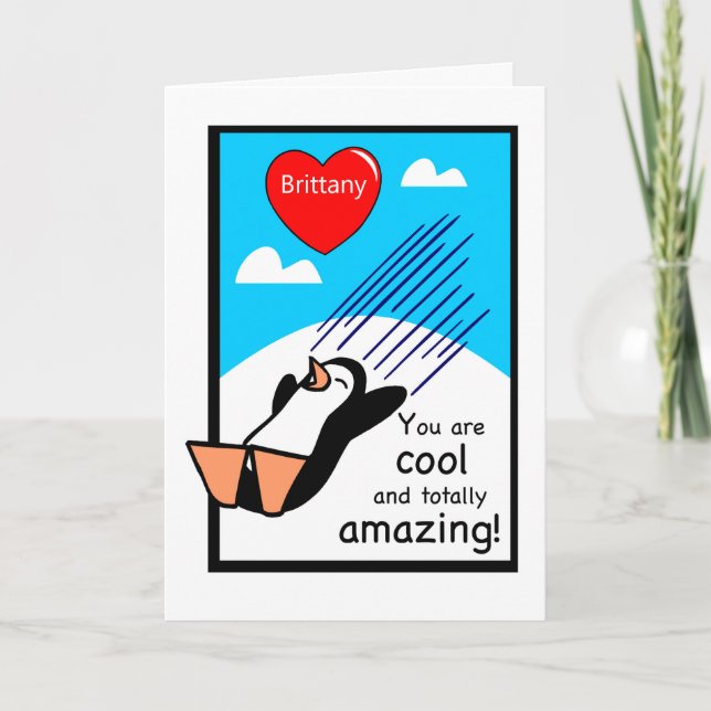 Carte Nom personnalisé Cool Valentine Penguin (Devant)
