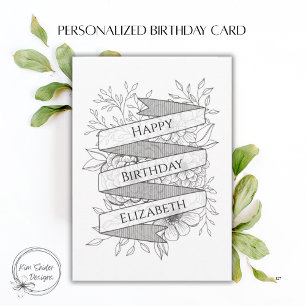Carte Nom personnalisé Fleur de naissance noir et blanc