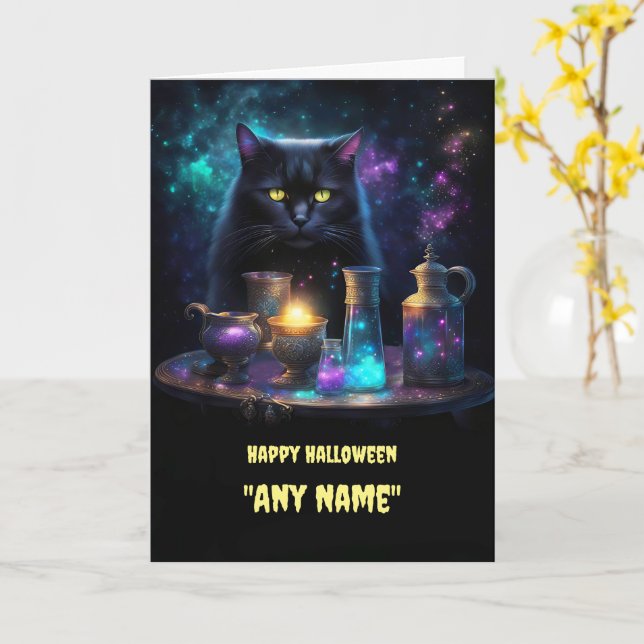 Carte Nom personnalisé Halloween Chat noir et potions (Fleur jaune)