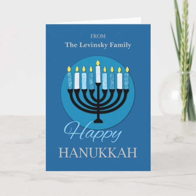 Carte Nom personnalisé Hanoukka Menorah sur bleu foncé (Devant)