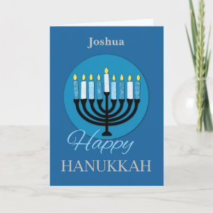 Carte Nom personnalisé Hanoukka Menorah sur bleu foncé