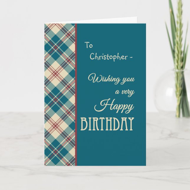 Carte Nom personnalisé Red Blue Madras Check Anniversair (Devant)