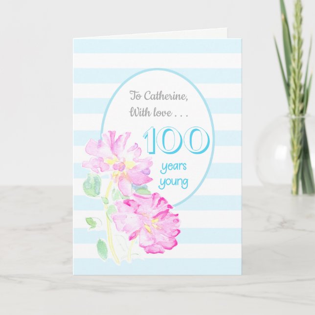 Carte Nom personnalisé Roses roses et rayures roses 100e (Devant)