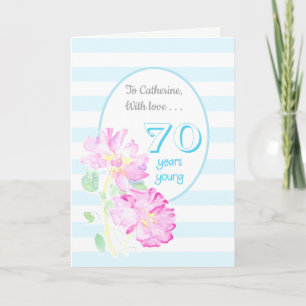 Carte Nom personnalisé Roses roses et rayures roses 70e 