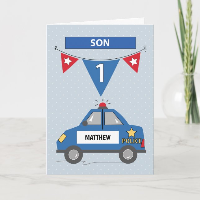 Carte Nom personnalisé Son 1er anniversaire Blue Police  (Devant)