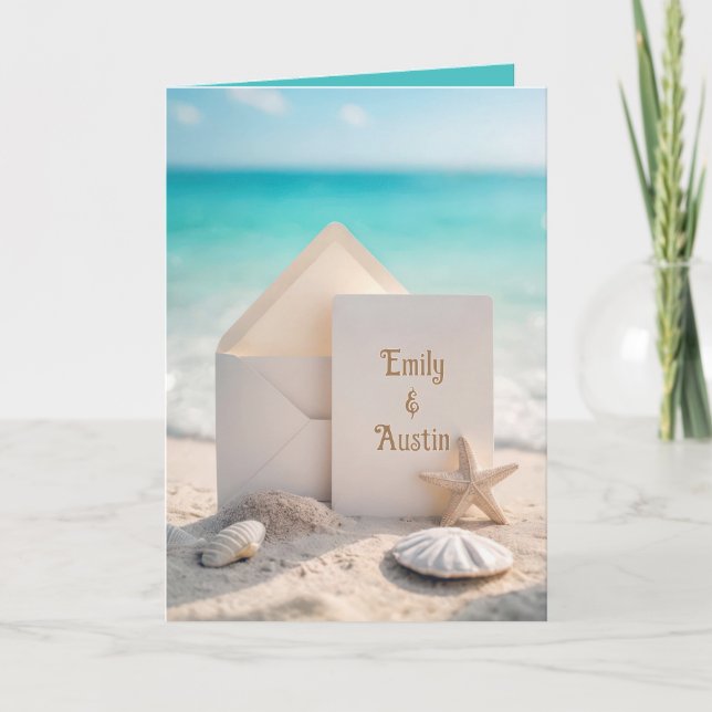 Carte Noms des jeunes mariés sur une plage avec Starfish (Devant)