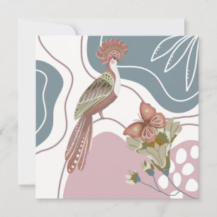 Carte Nordique Oiseaux et Fleurs en Bleu et Tan No