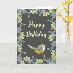 Carte Nordique Vert Oiseau Floral Aquarelle Anniversaire