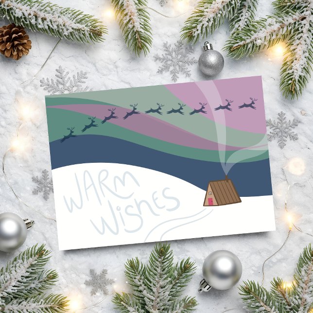 Carte Northern Lights at the A-Frame Folded Holiday Card (Modern folded holiday greeting card featuring an A-frame cabin, northern lights, and reindeer.)