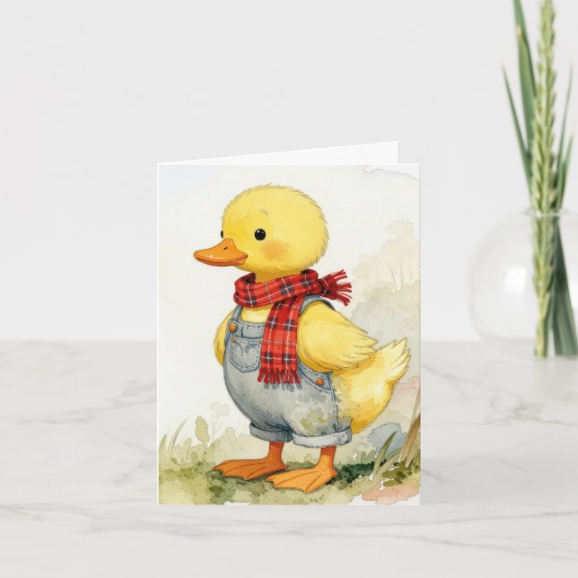 Carte Note Card Watercolor Duck In Overalls (Devant)