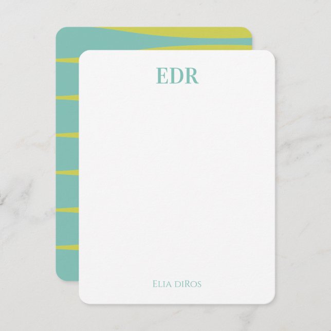 Carte Note Monogramme Bleu et Vert (Devant / Derrière)