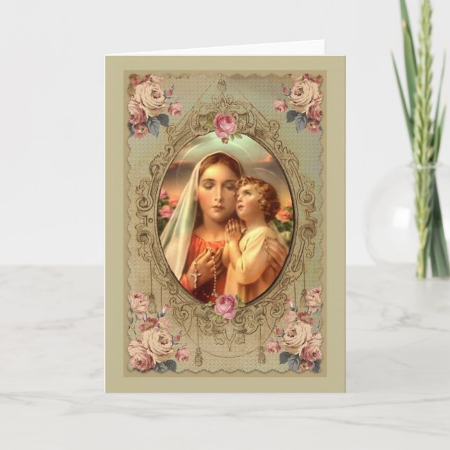 Carte Notre Dame du Rosaire avec Bébé Jésus roses (Devant)