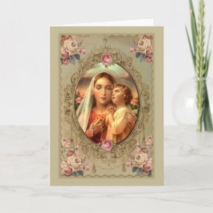 Carte Notre Dame du Rosaire avec Bébé Jésus roses