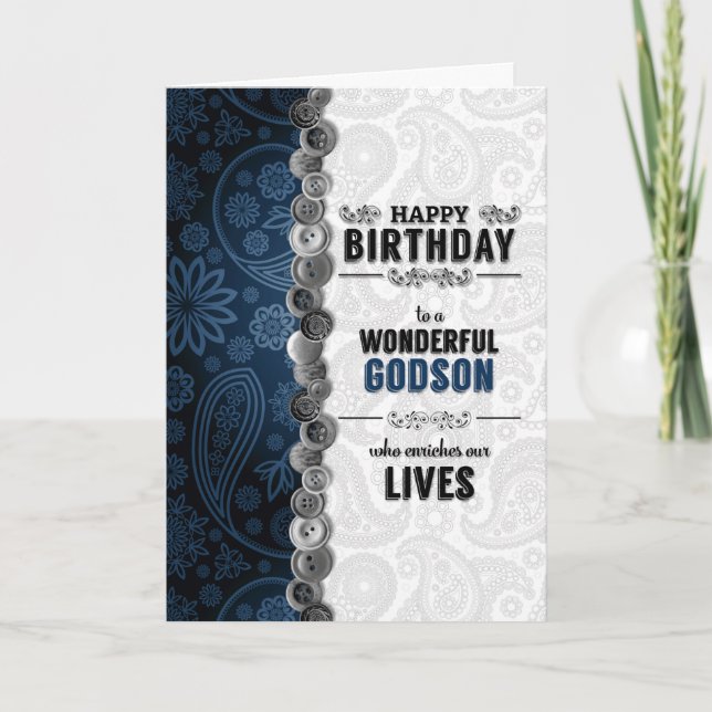Carte Notre Godson's Birthday Blue Paisley avec boutons (Devant)