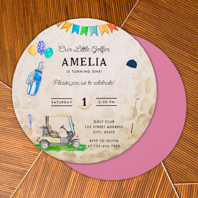Carte Notre petit Golfer Pink Golf Ball 1er anniversaire (Front and Back)