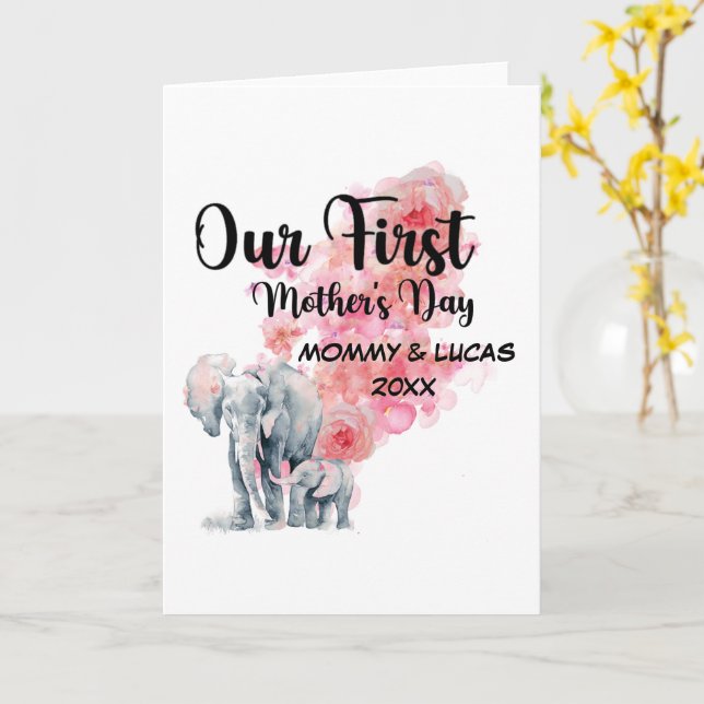 Carte Notre Première Fête des Mères Maman et Eléphants B (Fleur jaune)