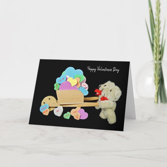 Carte nounours avec coeur de Saint Valentin en brouette (Devant)