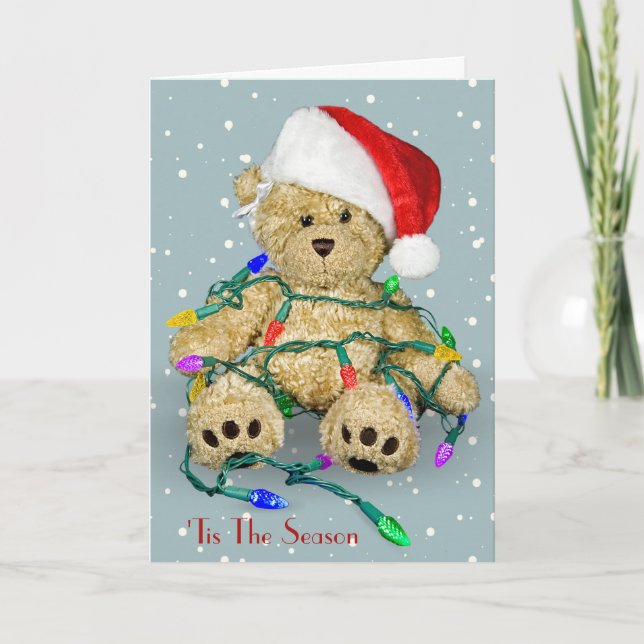 Carte Nounours De Noël Dans Les Lumières De Vacances (Devant)