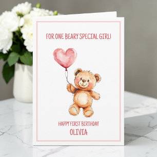 Carte Nounours en peluche Ballon rose mignon Joyeux 1er
