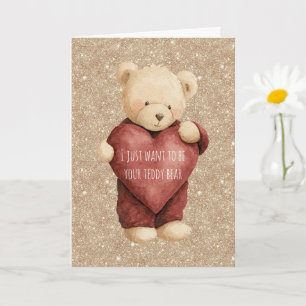 Carte Nounours rouge cœur paillettes dorées