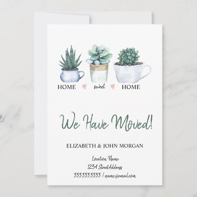 Carte Nous Avons Déménagé, Aquarelle Fleurs Cactus (Devant)