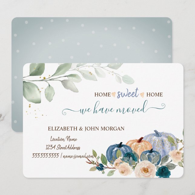 Carte Nous Avons Déménagé, Citrouille Aquarelle, Fleurs, (Devant / Derrière)