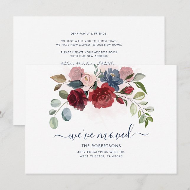 Carte Nous avons déménagé la Bourgogne Floral Moving Fai (Devant / Derrière)