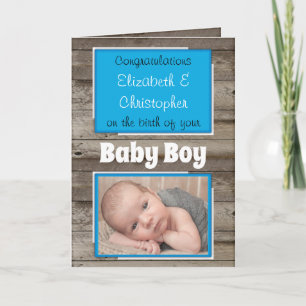 Carte Nouveau Bébé félicitations photo bleu rustique