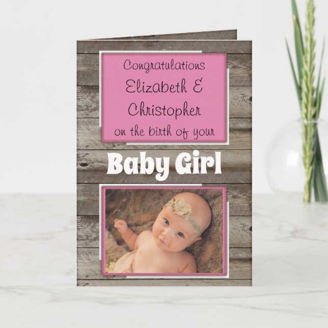 Carte Nouveau Bébé félicitations photo rose rustique (Devant)