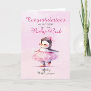 Carte Nouveau bébé fille Pink Penguin Ballerina