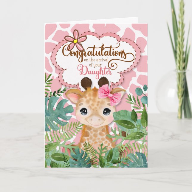 Carte Nouveau bébé fille rose Giraffe Congtratations de  (Devant)