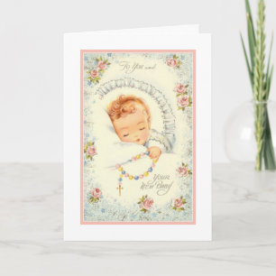 Carte Nouveau bébé fille rose Roses Rosaire catholique