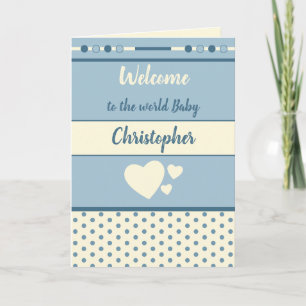Carte Nouveau bébé garçon bleu et crème avec un nom de b