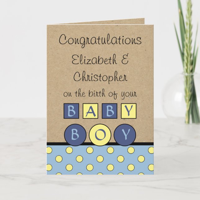 Carte Nouveau bébé garçon grand amour rustique bleu jaun (Devant)