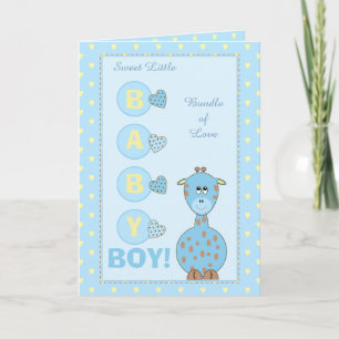 Carte Nouveau bébé garçon joli girafe bleu