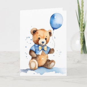 Carte Nouveau bébé ours en peluche avec ballon bleu