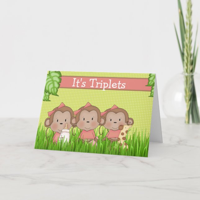 Carte Nouveau bébé triplet filles mignonne singe (Devant)