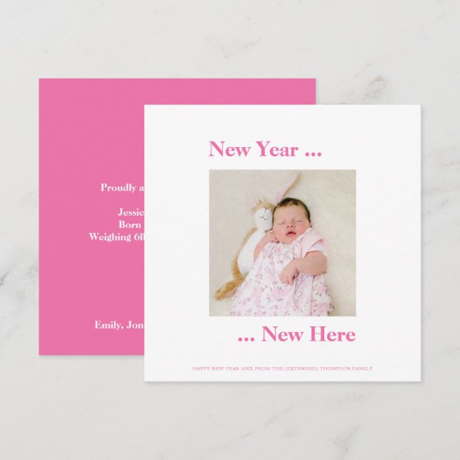 Carte Nouvel An Ici Photo Bébé Fille Naissance Rose (Devant / Derrière)