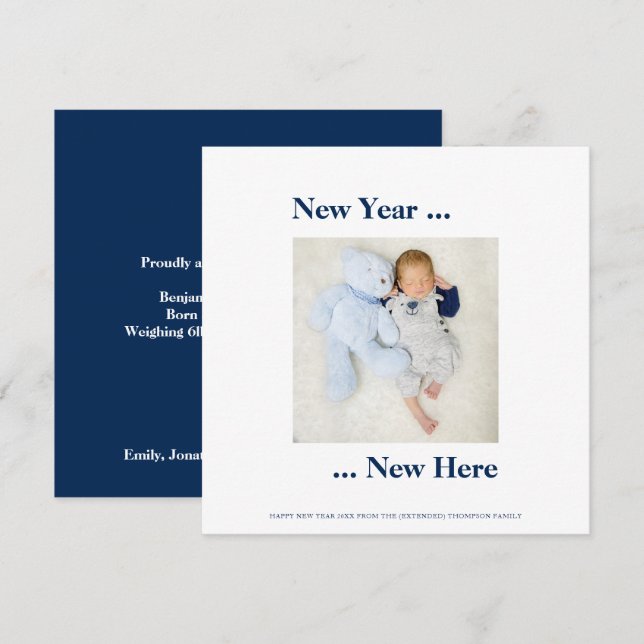 Carte Nouvel An Nouveau Ici Photo Bébé Garçon Naissance  (Devant / Derrière)