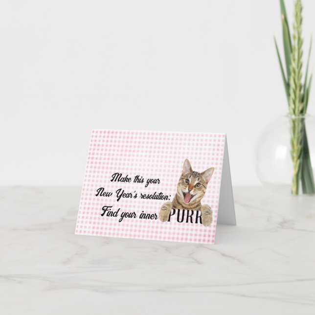 Carte Nouvel An Tabby Cat sur En vichy (Devant)