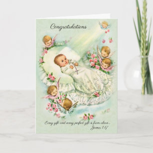 Carte Nouvelle Bébée fille avec anges, Croix, Roses rose