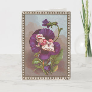 Carte Nouvelle maman Vintage bébé fille et Pansy Pâques 