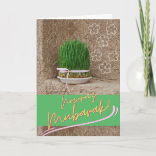 Carte Nowruz Moubarak avec Sabzeh et des mots colorés