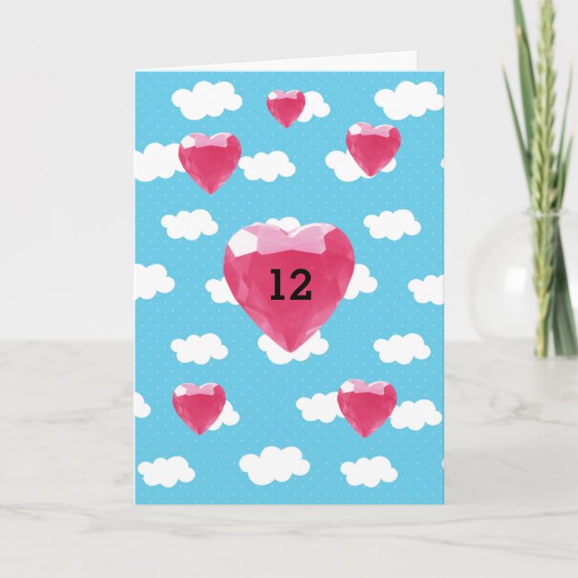 Carte Nuages et perles de coeur rose 12e anniversaire (Devant)