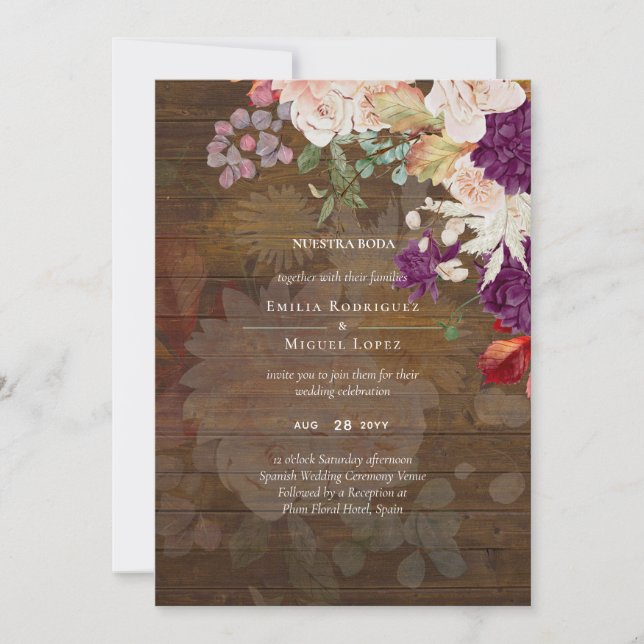 Carte NUESTRA BODA Plum Fall Floral Mariage espagnol (Devant)