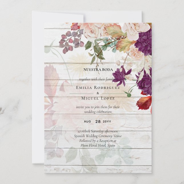 Carte NUESTRA BODA Plum Fall Floral Mariage espagnol (Devant)