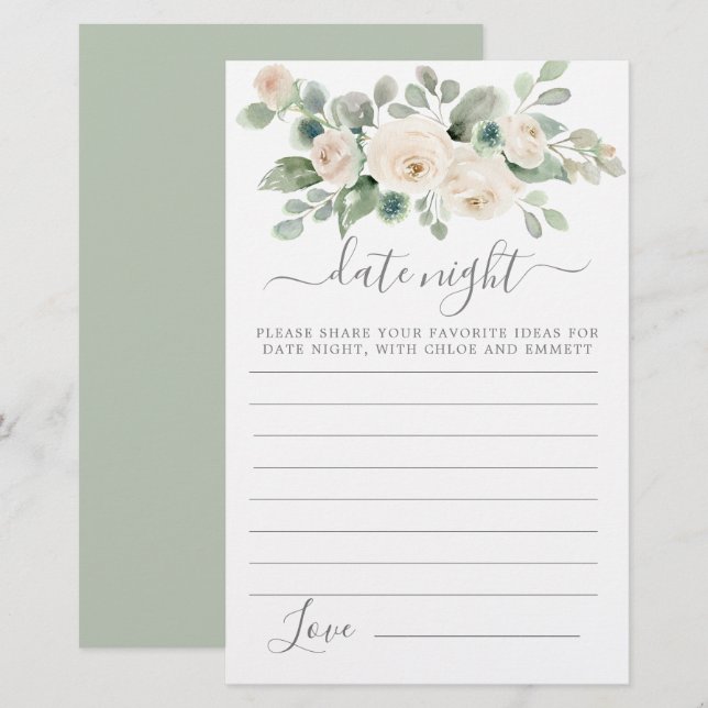 Carte Nuit Rose Blanche Floral Green Date (Devant / Derrière)